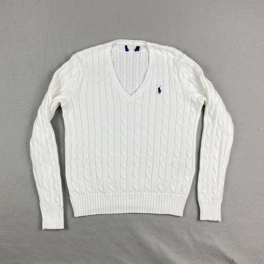 Polo Ralph Lauren Womens Cable Knit V neck Sweater White M Preppy pony